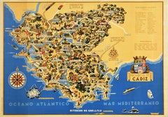 Original Vintage Travel Poster Cadiz Province Illustrated Map Art Deco Spain
