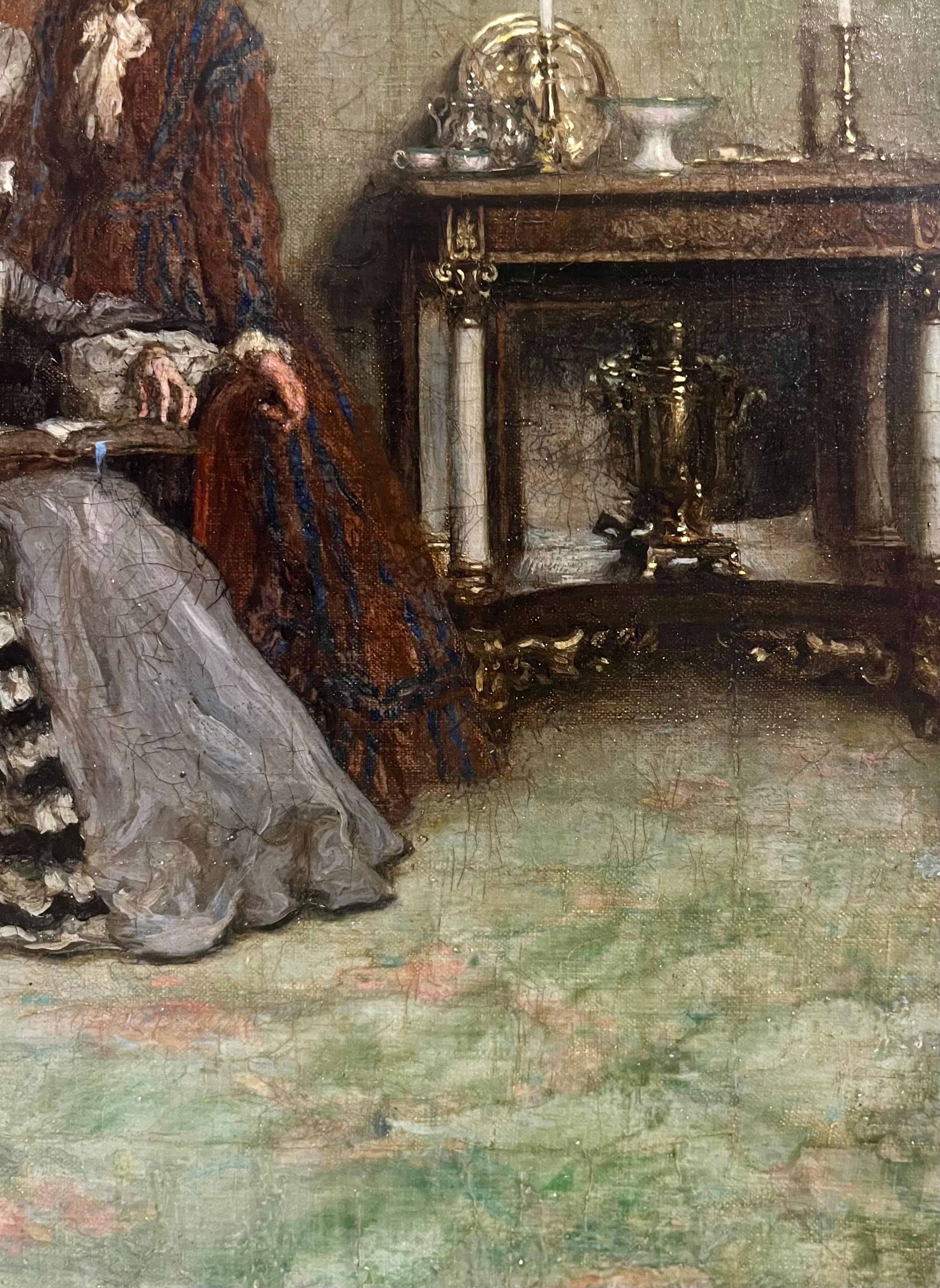 Retrato de jóvenes damas coloniales leyendo - Painting de F. Luis Mora