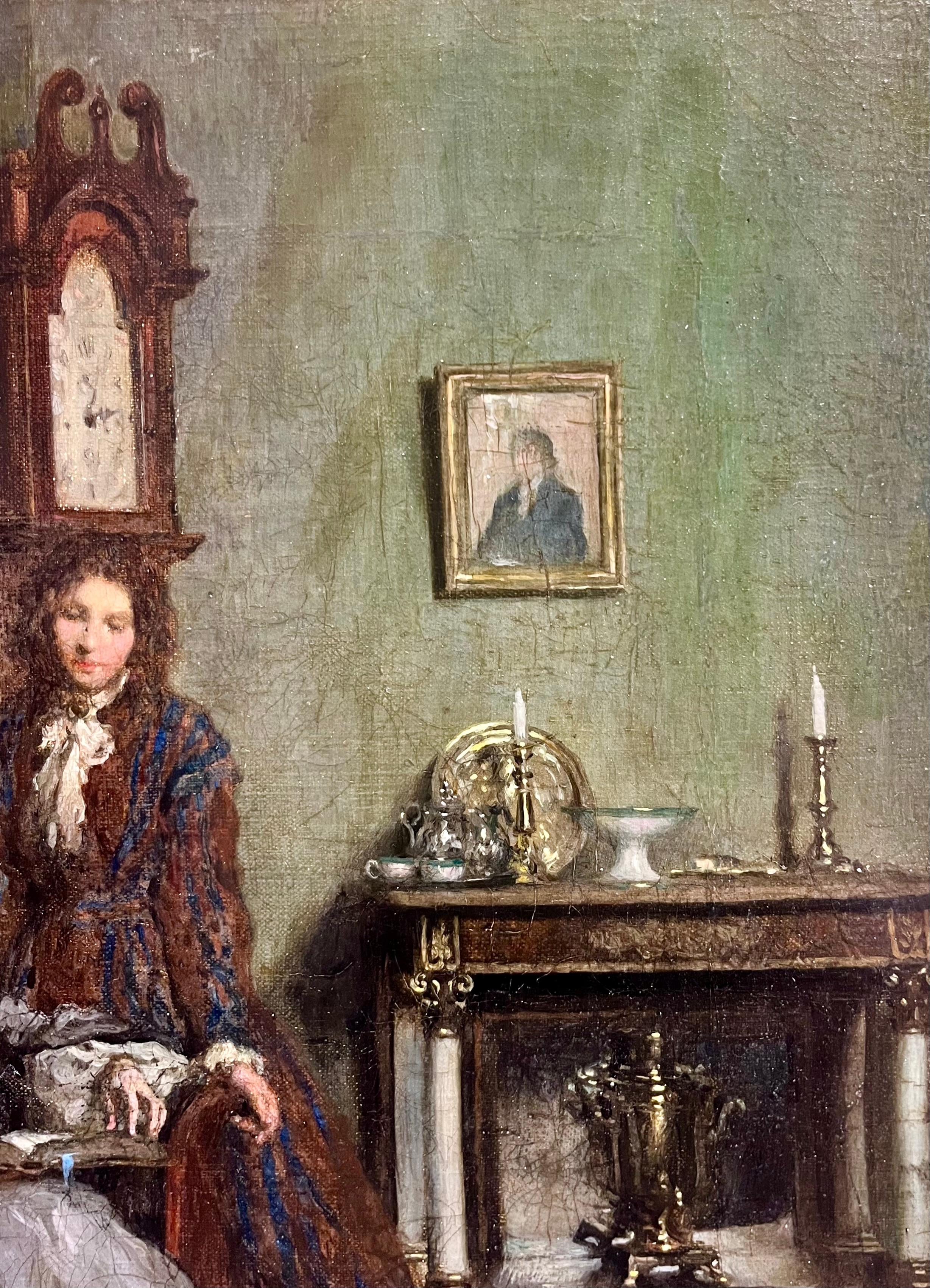 Retrato de jóvenes damas coloniales leyendo - Portrait Painting Negro de F. Luis Mora