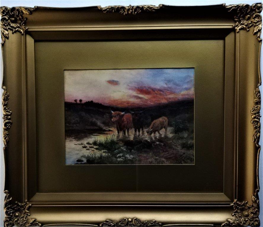 Landscape with Highland Cattle , evening sunset, original water colour on paper  - Painting by F Lumb