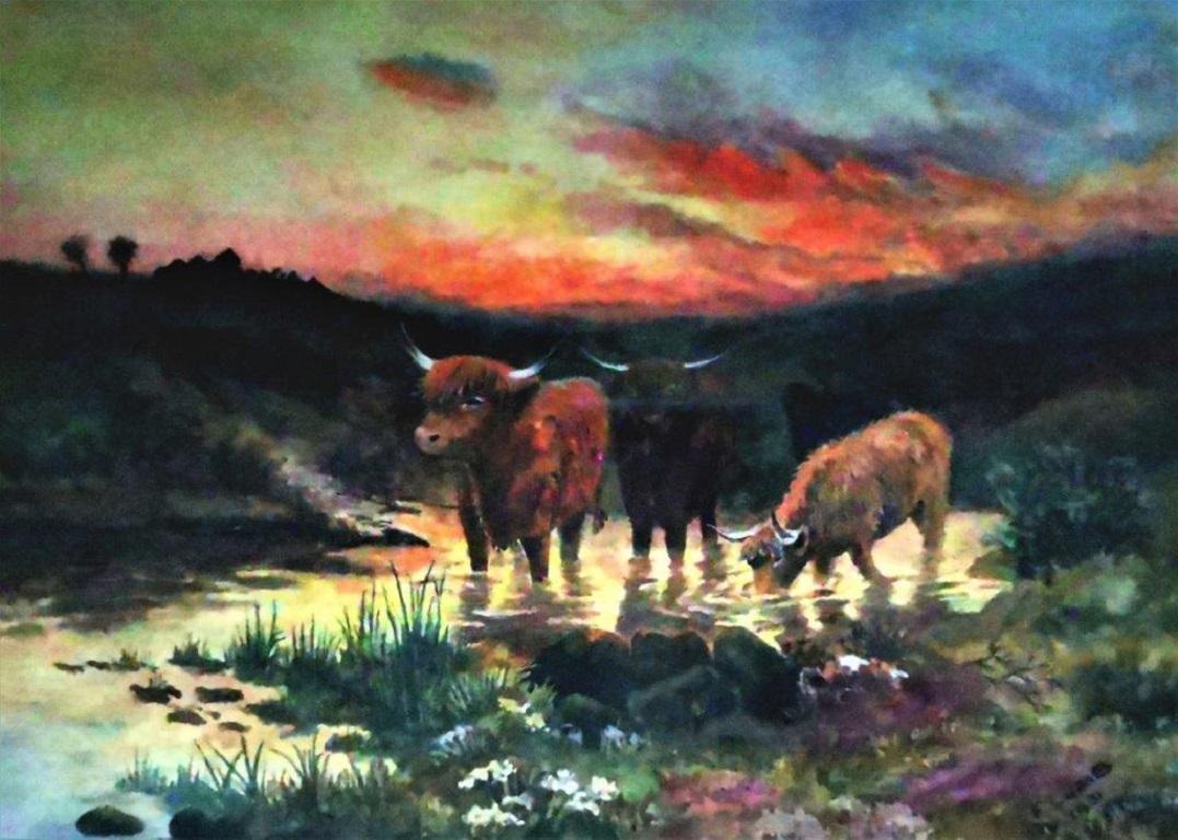 F Lumb Landscape Painting - Landscape with Highland Cattle , evening sunset, original water colour on paper 
