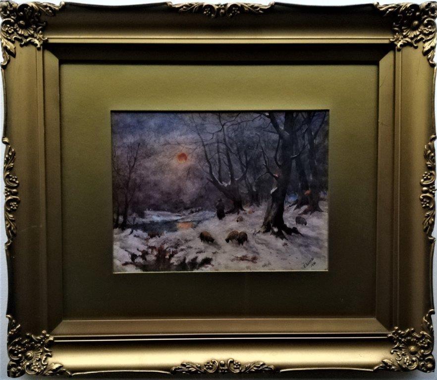 « Paysage d'hiver avec moutons et berger », aquarelle originale sur papier - Painting de F Lumb