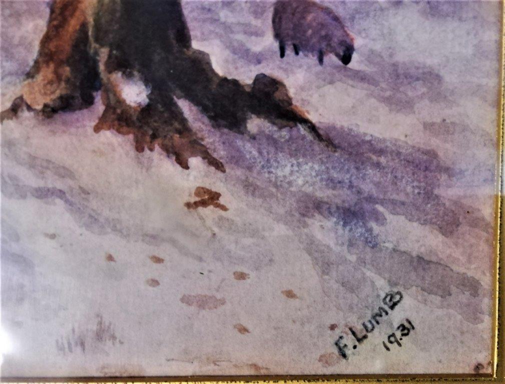« Paysage d'hiver avec moutons et berger », aquarelle originale sur papier - Noir Animal Painting par F Lumb