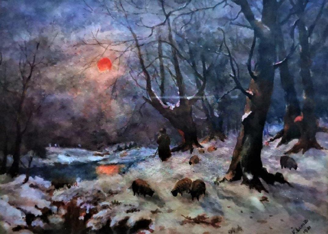Animal Painting F Lumb - « Paysage d'hiver avec moutons et berger », aquarelle originale sur papier