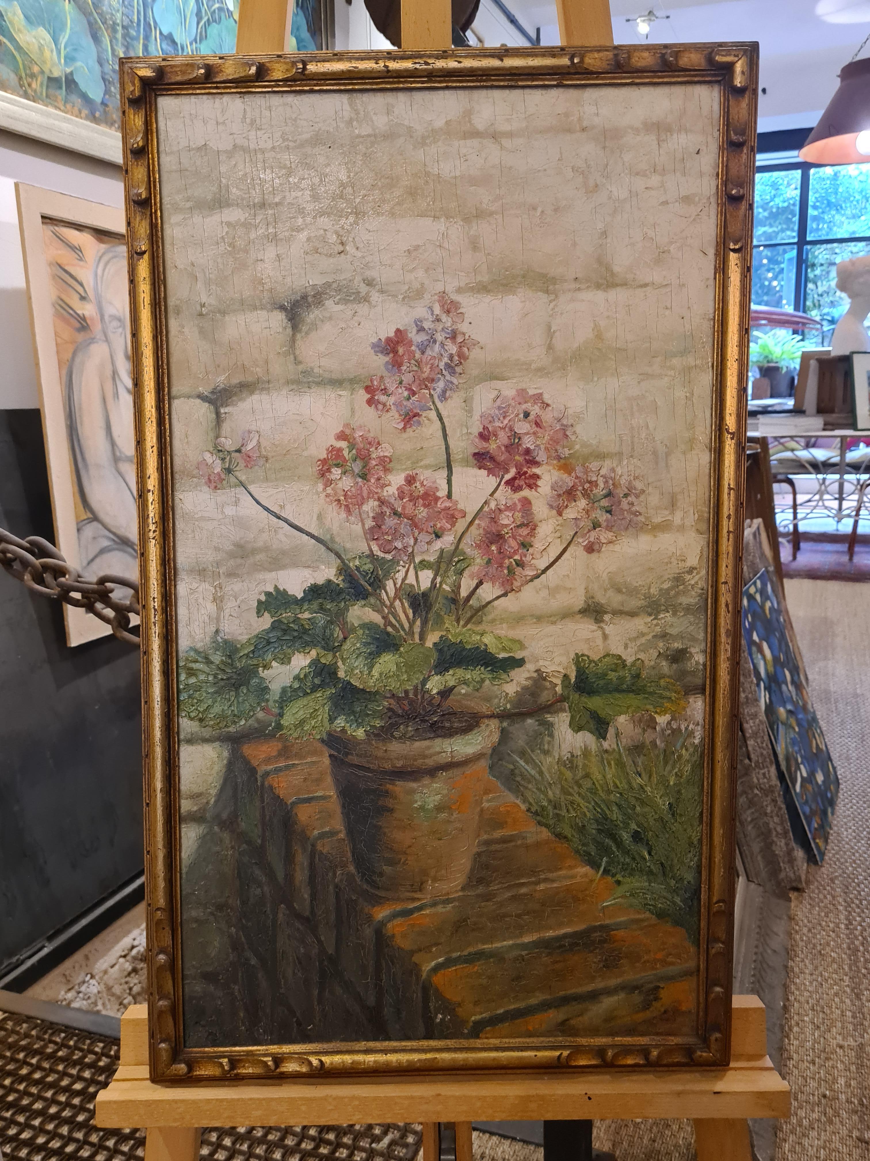 The Geranium, Large Mid Century Botanical Oil on board - Painting by F Lysse.