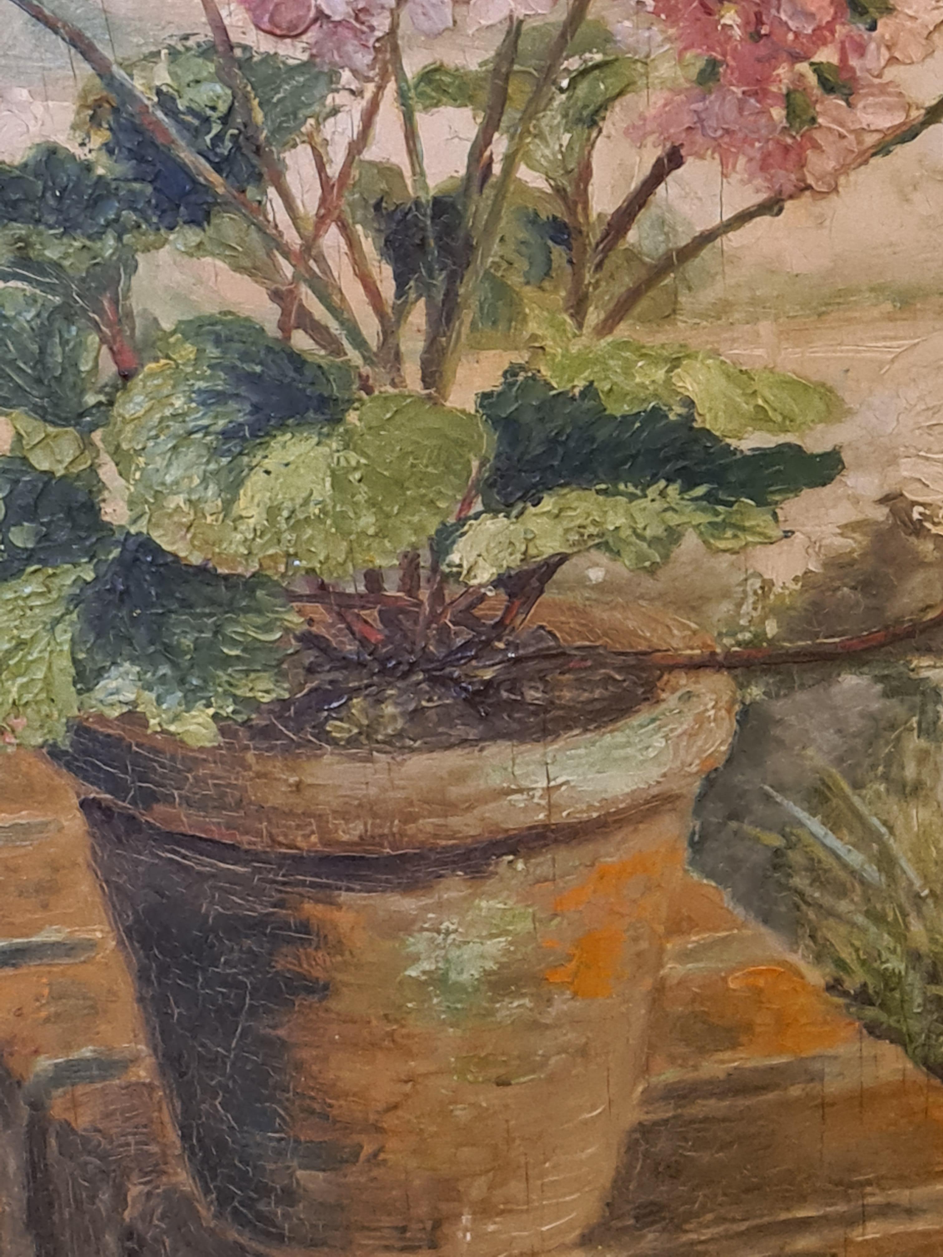 The Geranium, Large Mid Century Botanical Oil on board - Brown Landscape Painting by F Lysse.