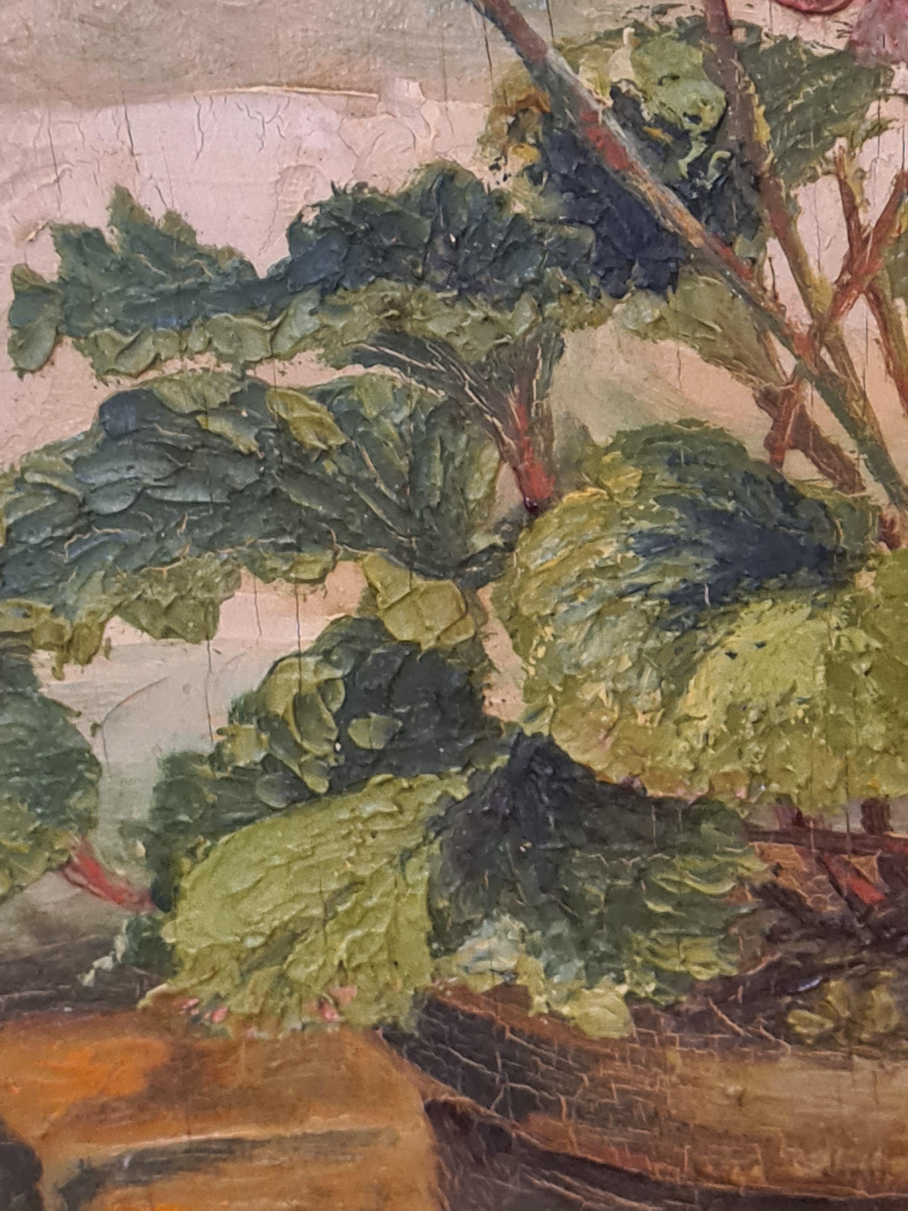 Large Mid century oil on panel depiction of a geranium in a garden setting signed by F Lysse and dated 1939. Presented in carved wood gilt frame.

A very charming depiction of a specimen geranium in a pot sitting on a garden wall. Lysse has managed