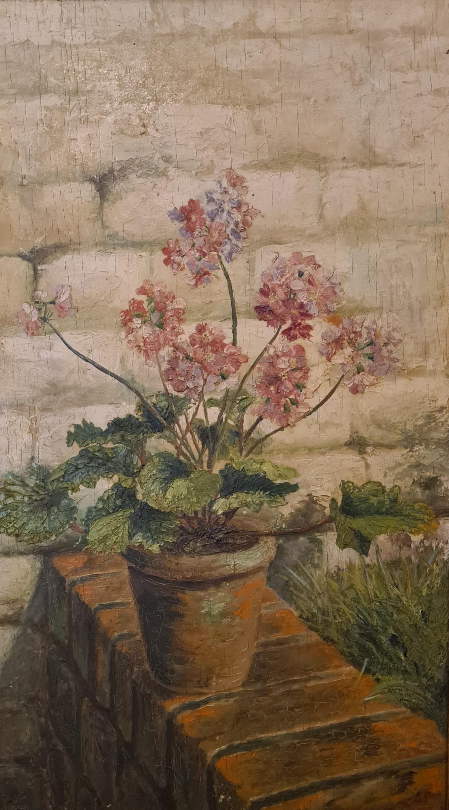 F Lysse. Landscape Painting - The Geranium, Large Mid Century Botanical Oil on board