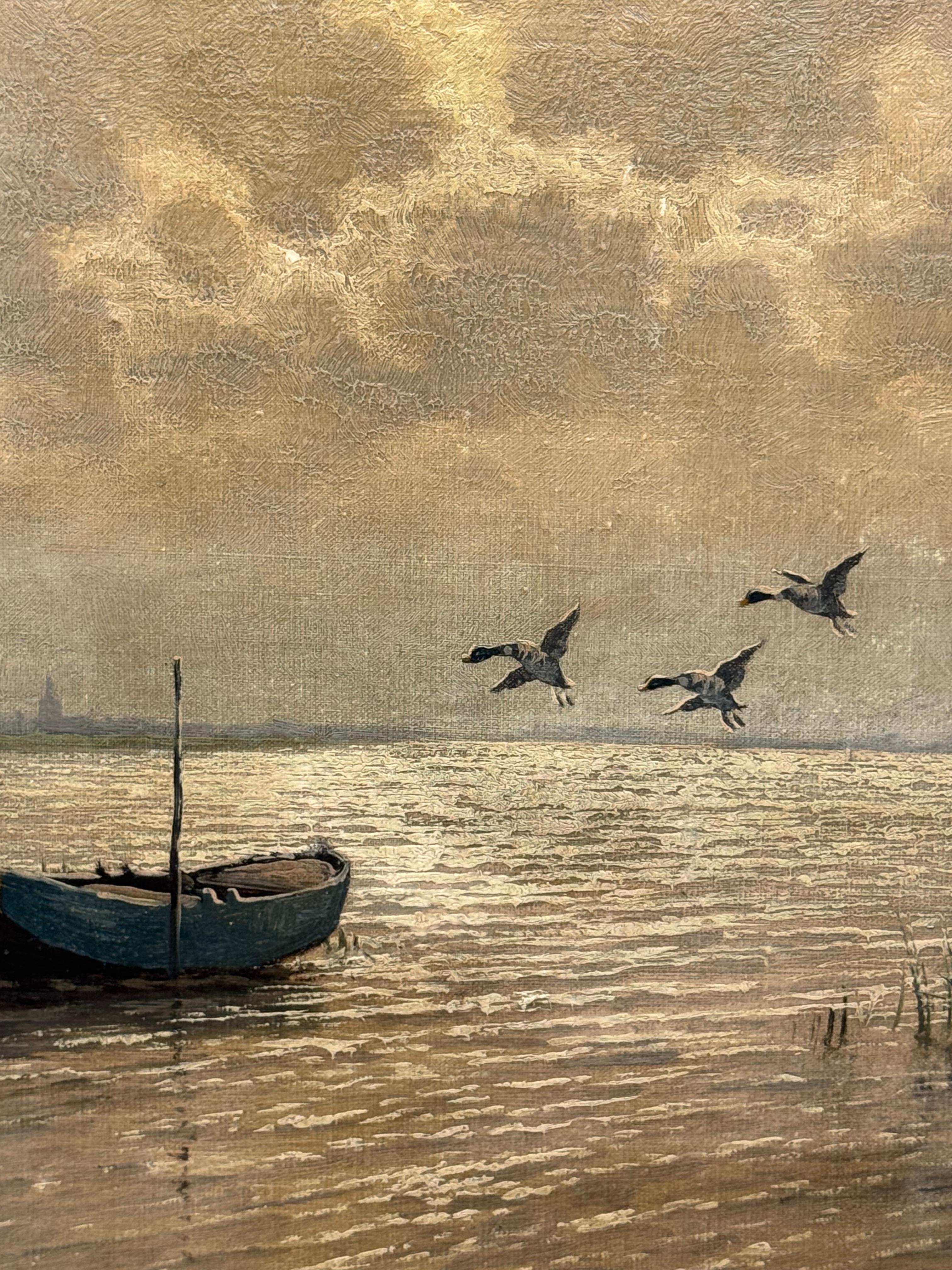 A Calm Landscape Painting with Ducks Flying towards Small Boat at Sunset For Sale 3