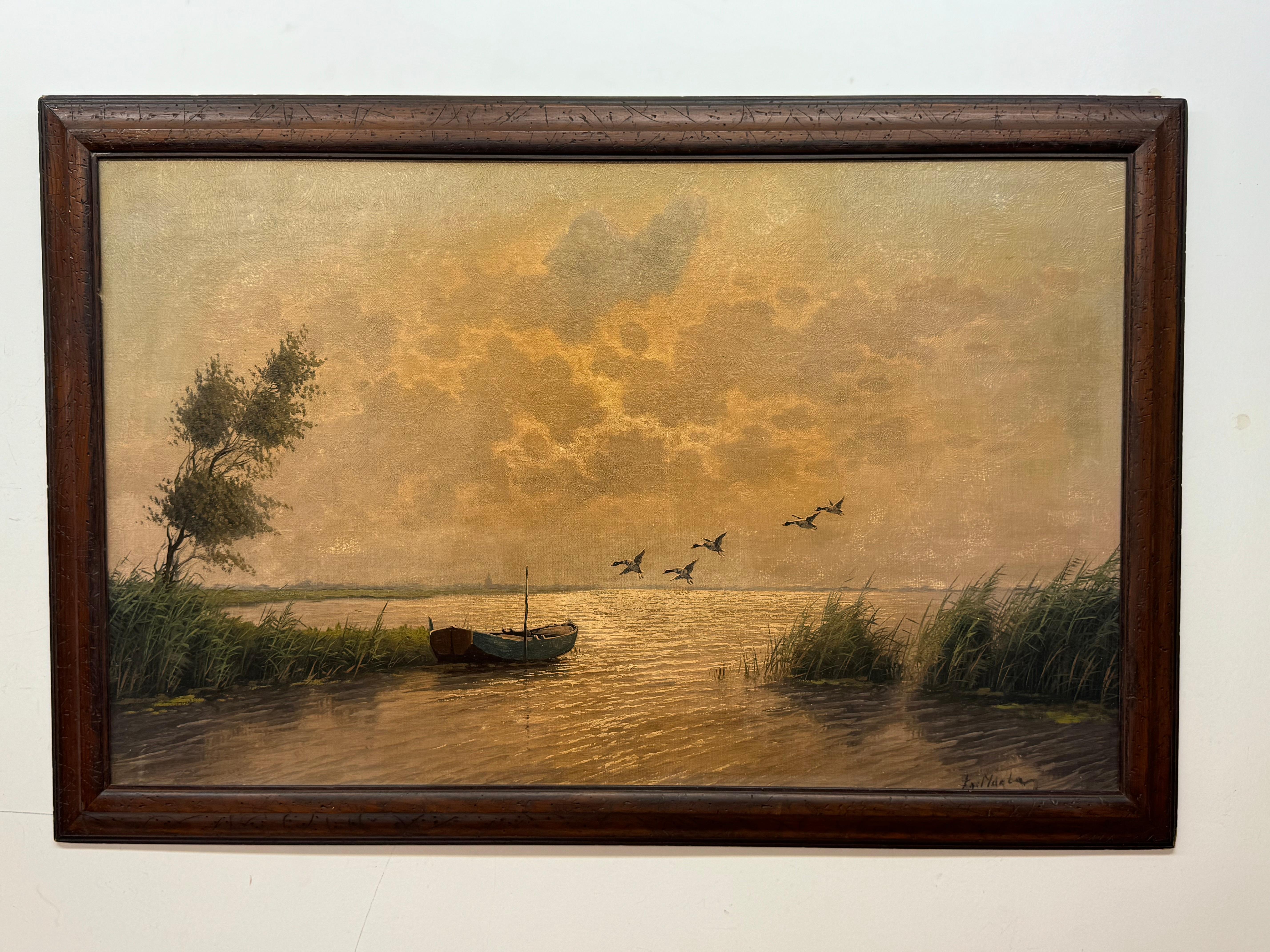 A Calm Landscape Painting with Ducks Flying Towards Small Boat at Sunset

Circa 1940's

25 x 40 unframed, 29.5 x 44 framed