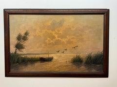 Peinture d'un paysage calme avec des canards volant vers un petit bateau au coucher du soleil