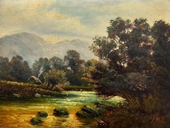 1890's Scottish Landscape Oil Painting Cottage in River Landscape, framed & sign