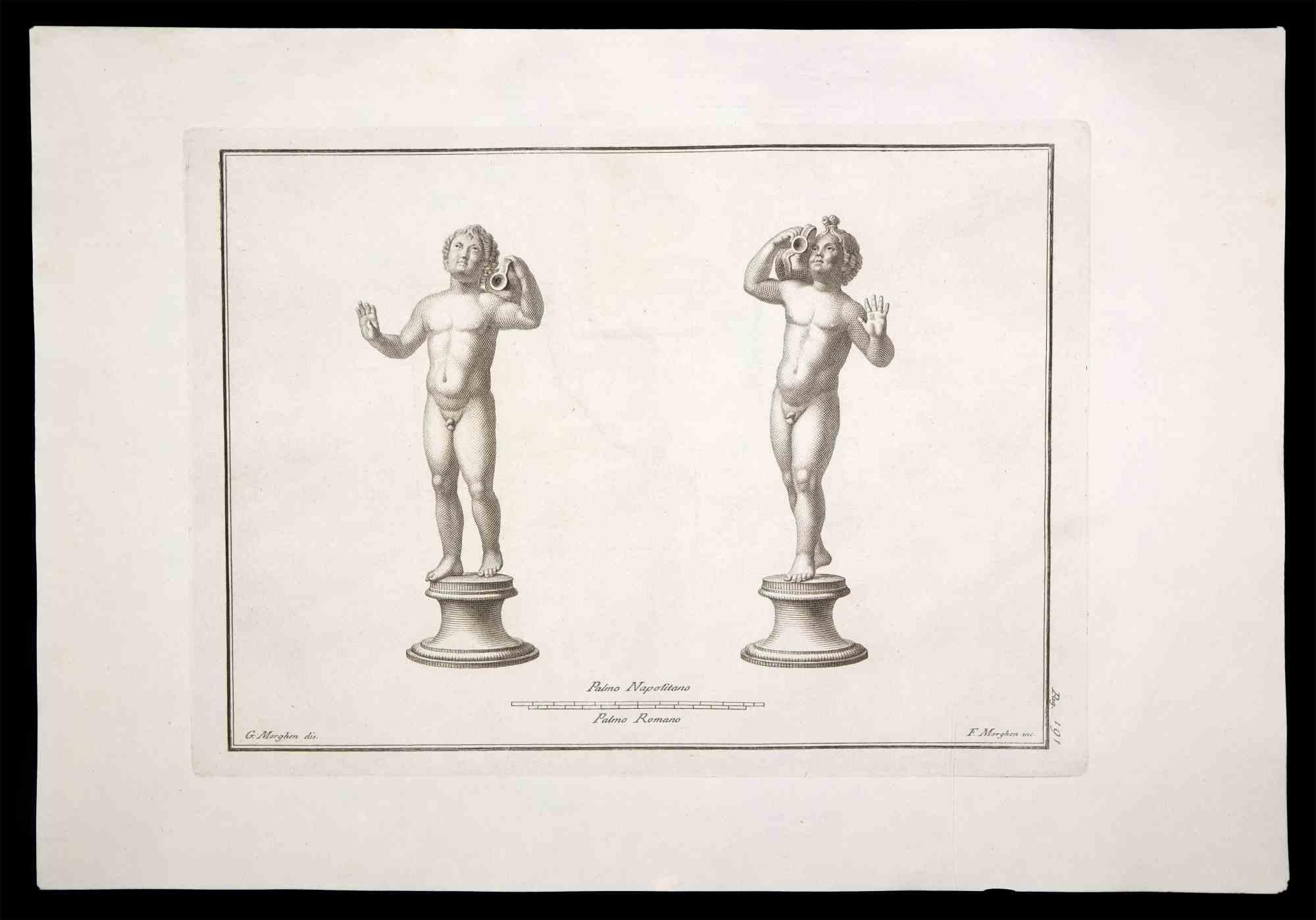 Ancient Roman Statues, from the series "Antiquities of Herculaneum", is an original etching on paper realized by F. Morghen in the 18th Century.

Signed on the plate, on the lower right.

Good conditions with slight folding. 

The etching belongs to