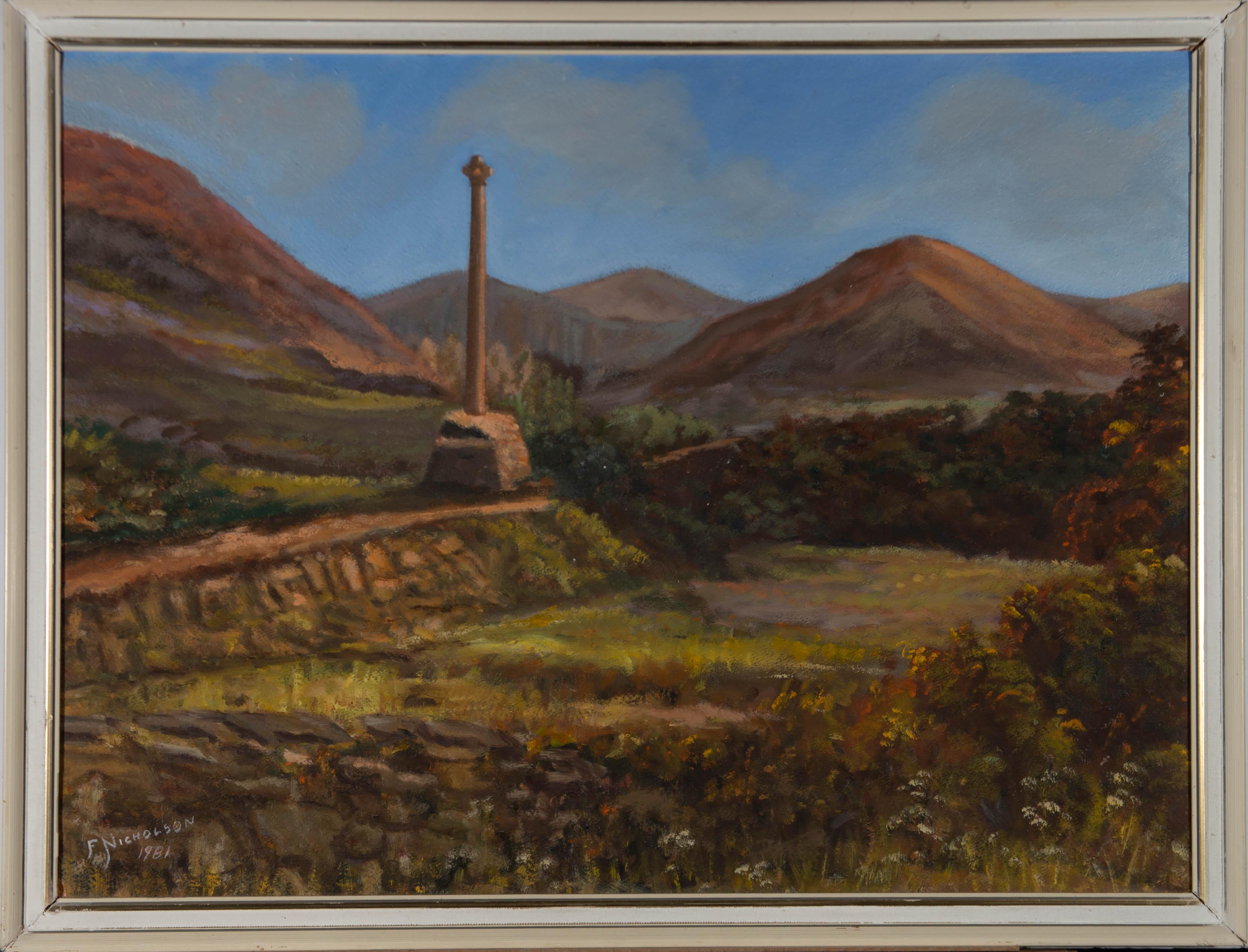 A serene highland scene shown on a sunny afternoon, we can see the massacre of Glencoe monument that was put in place following the Jacobite uprising on the left amongst the mountainous landscape. Well presented in a white frame with linen slip.