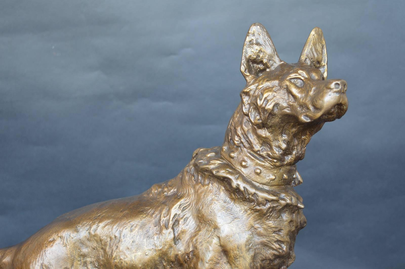F. Pelissier French bronze shepherd dog statue clock. Movement is signed.