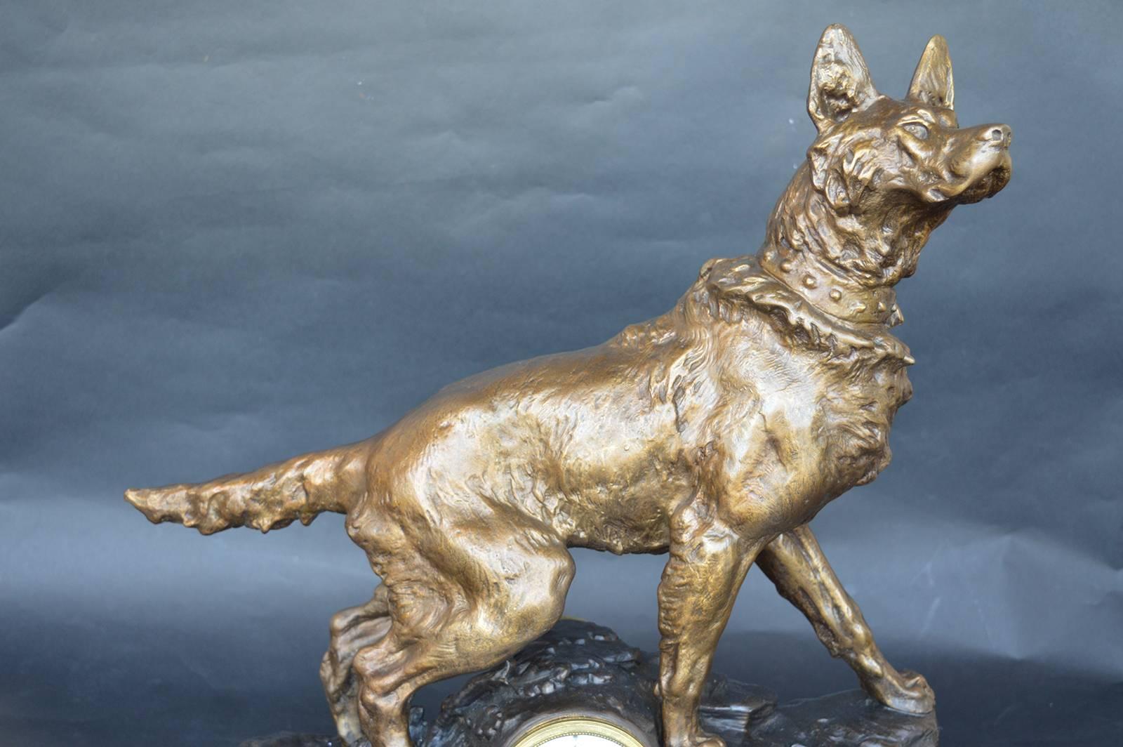 F. Pelissier French Bronze Shepherd Dog Statue Clock In Excellent Condition In Los Angeles, CA