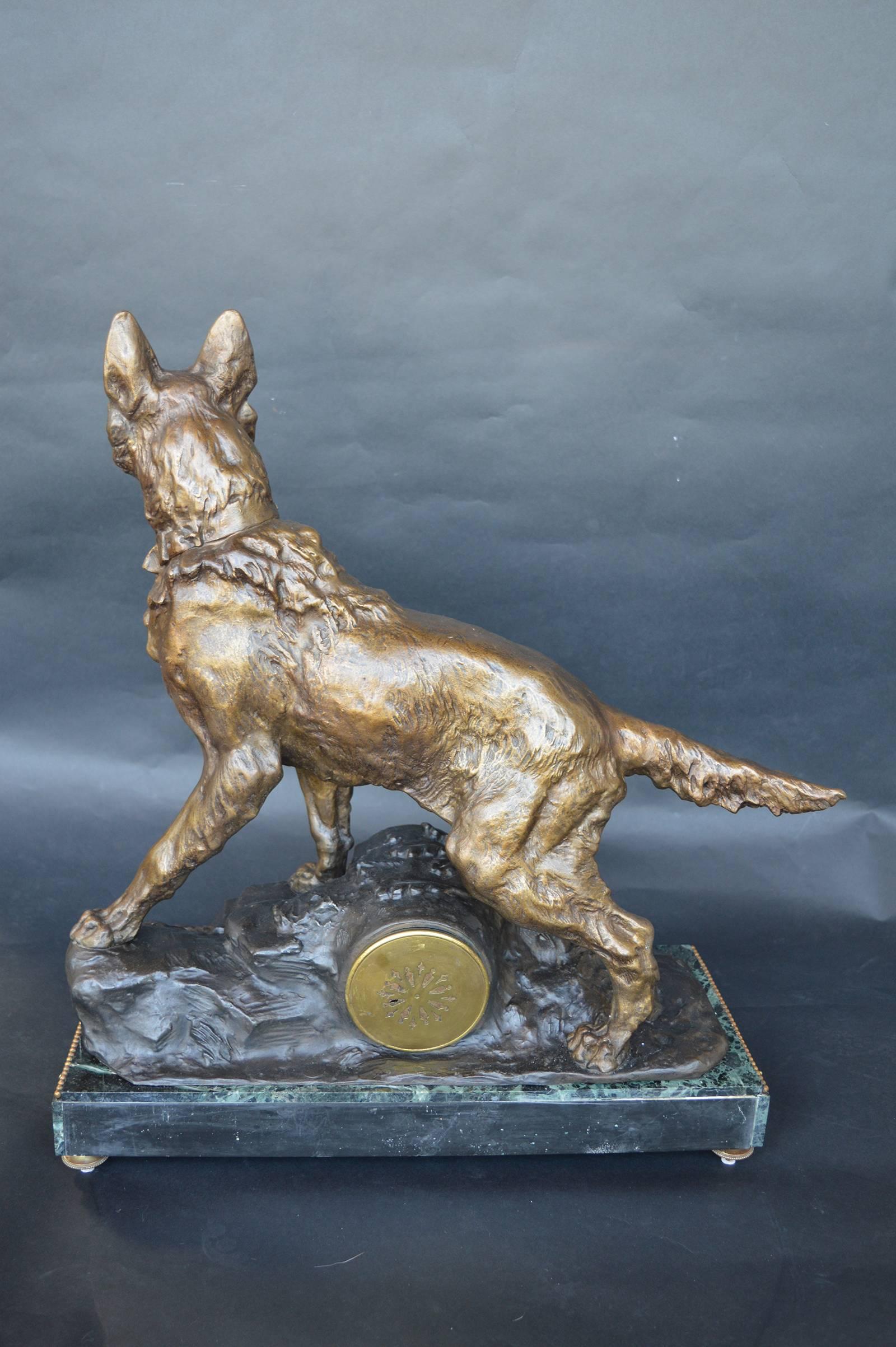 20th Century F. Pelissier French Bronze Shepherd Dog Statue Clock