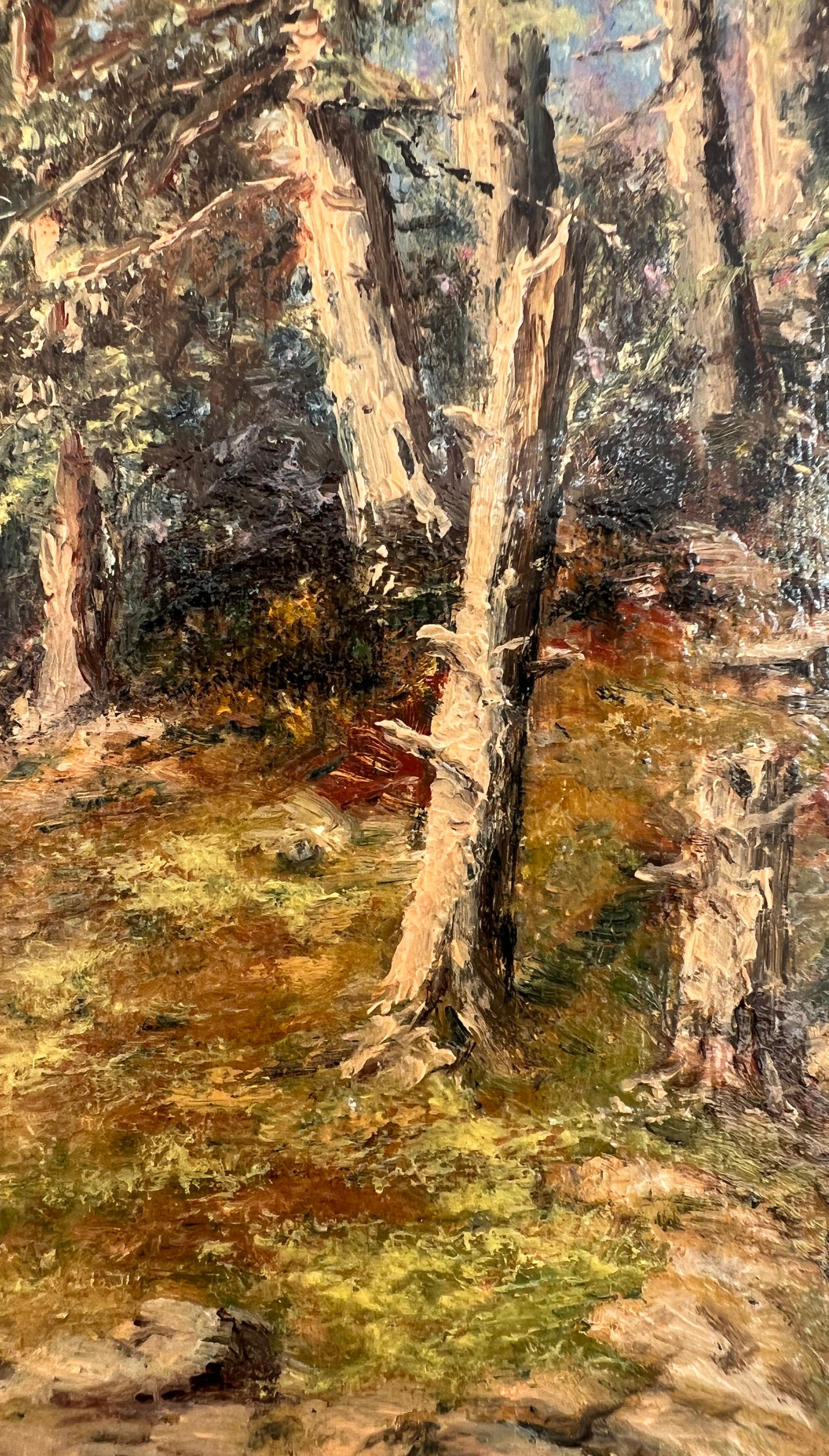 Lavora su cartone
Telaio in legno dorato
32 x 40,5 x 3 cm

Quest'opera d'arte raffigura una scena di foresta di notevole e serena bellezza. Il dipinto cattura la maestosità di una foresta di conifere, dove gli alberi si ergono elegantemente, con le