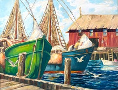 "The Lobster Boats at Gloucester" Impressionistic Maritime Oil Painting