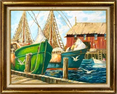 "The Lobster Boats at Gloucester" Impressionistic Maritime Oil Painting
