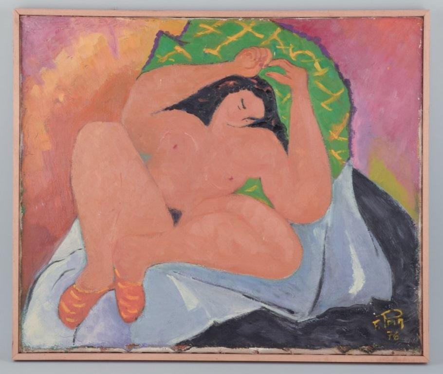 F. Prin, French artist. Oil on canvas. Reclining nude woman. 
Inspired by Matisse. Colorful palette.
Signed and dated 1976.
In excellent condition.
Canvas: 64.5 cm x 54.0 cm.
Total dimensions: 66.5 cm x 56.0 cm.