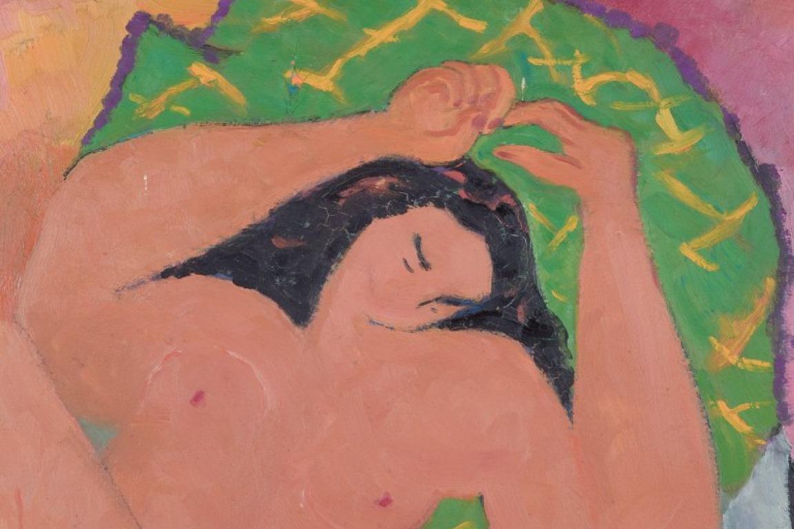 Moderne F. Prin, artiste français. Huile sur toile. Femme nue couchée.  en vente