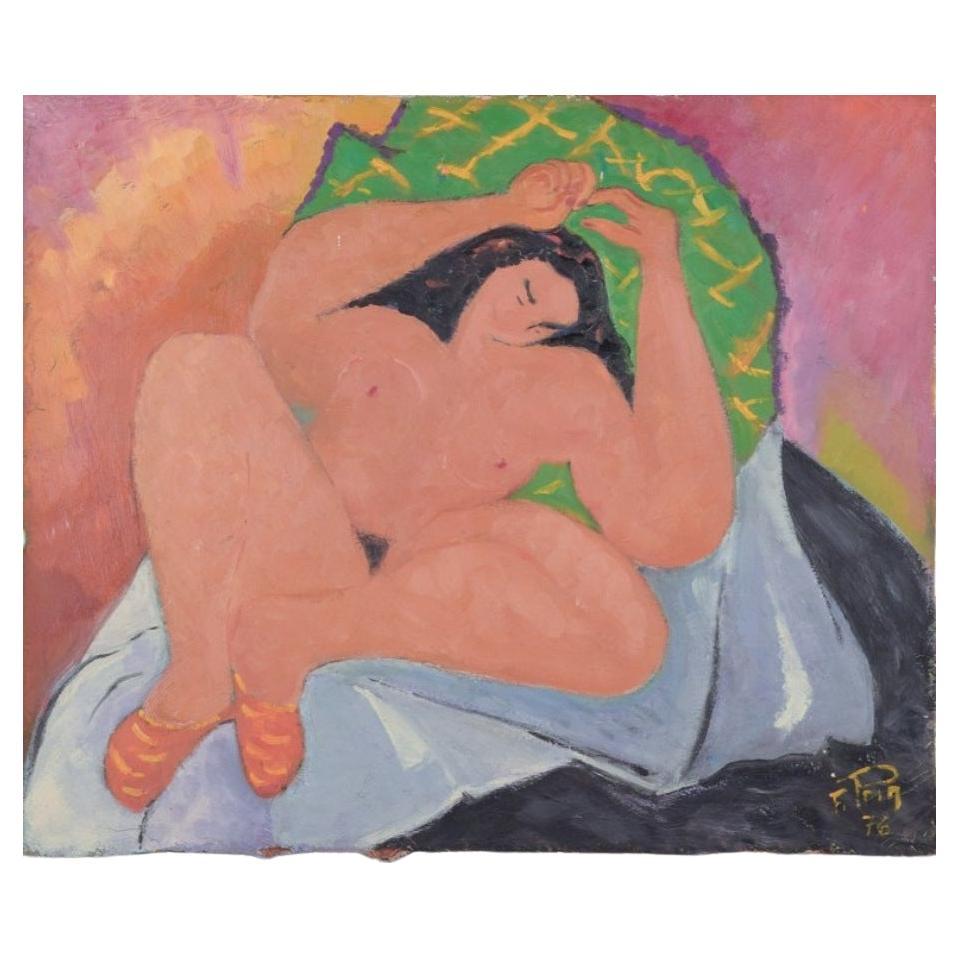 F. Prin, French artist. Oil on canvas. Reclining nude woman.  For Sale