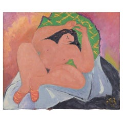 F. Prin, artista francés. Óleo sobre lienzo. Mujer desnuda reclinada. 
