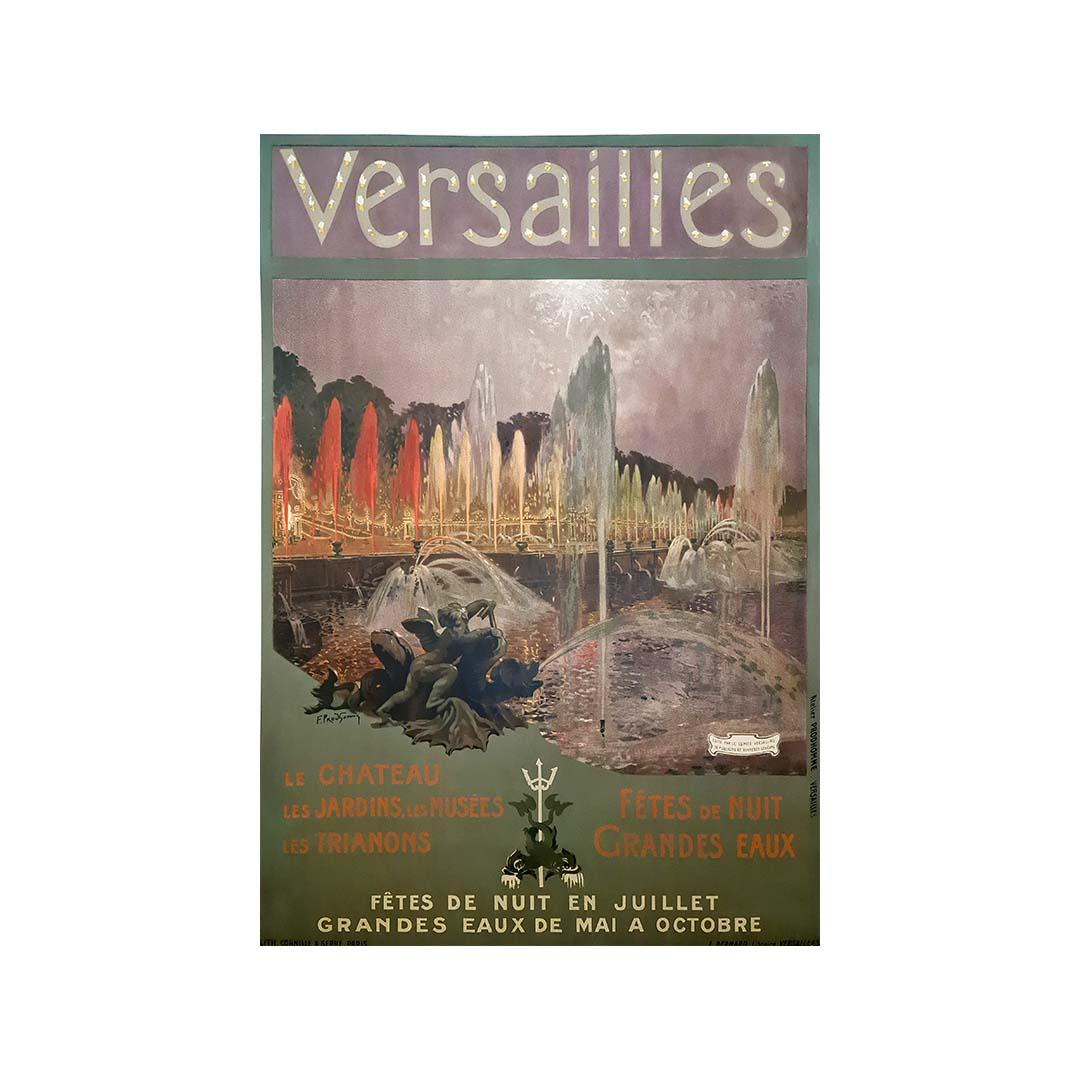 This elegant original poster captures the magic and grandeur of the famous Grandes Eaux Nocturnes at the Château de Versailles—an enchanting nighttime spectacle where water, light, and music bring the palace gardens to life. Created around 1920 by