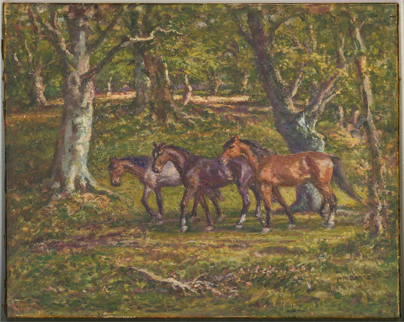 F. R. Batters - 1940 Oil, Trio of New Forest Ponies For Sale 1