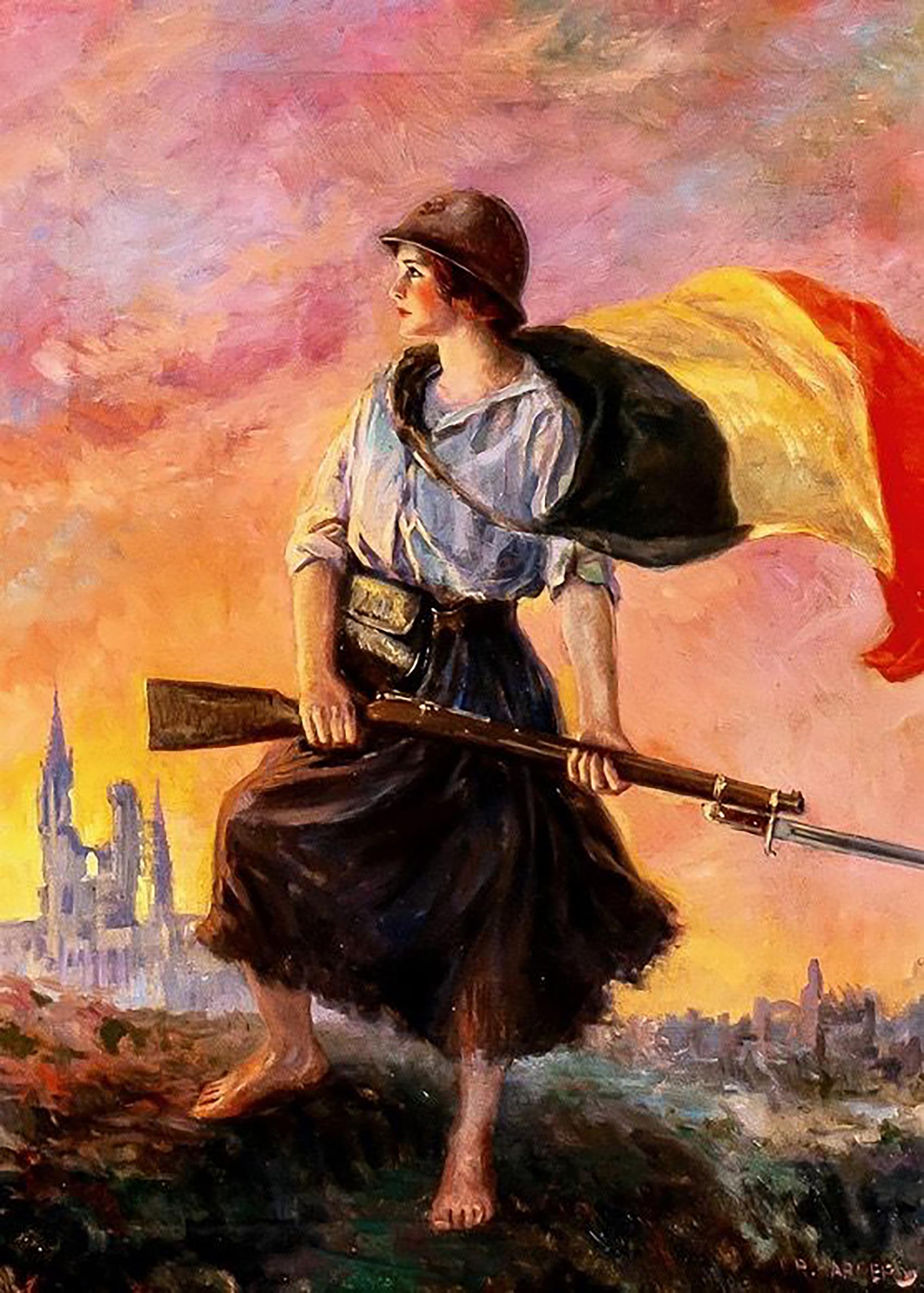 Figurative Painting F.R. Harper - Defender of Her Homeland, illustration du calendrier de la Première Guerre mondiale
