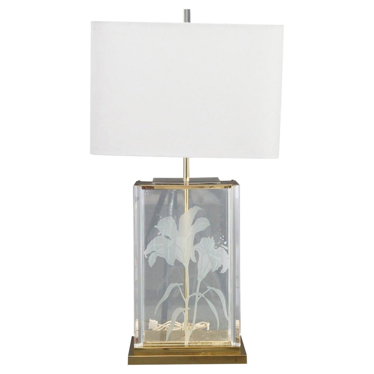 F Ramond Floral Etched Frosted Glass w/ Lucite Accents & Brass Frame Table Lamp