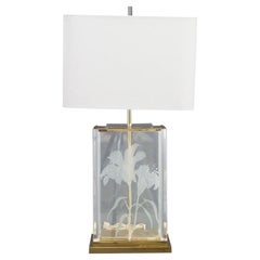 Retro F Ramond Floral Etched Frosted Glass w/ Lucite Accents & Brass Frame Table Lamp