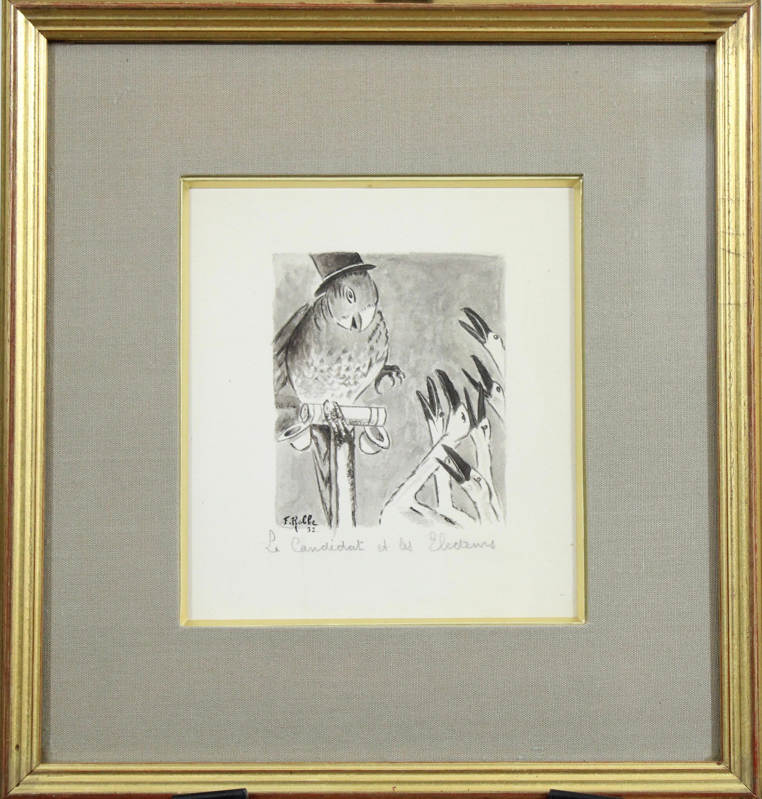 Original 1932 aquarelle titled Le Candidat et les Électeurs by F. Robbe For Sale 3