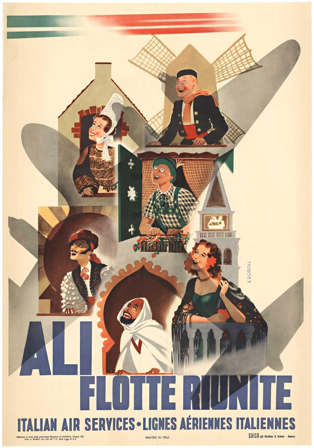 Cartel original de época de la compañía aérea "Ali Flotte Riunite, Servicios Aéreos Italianos".