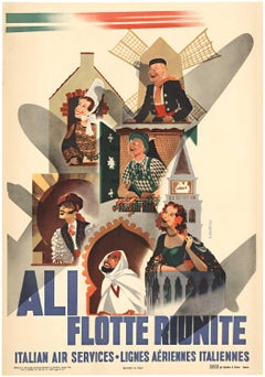 Cartel original de época de la compañía aérea "Ali Flotte Riunite, Servicios Aéreos Italianos".
