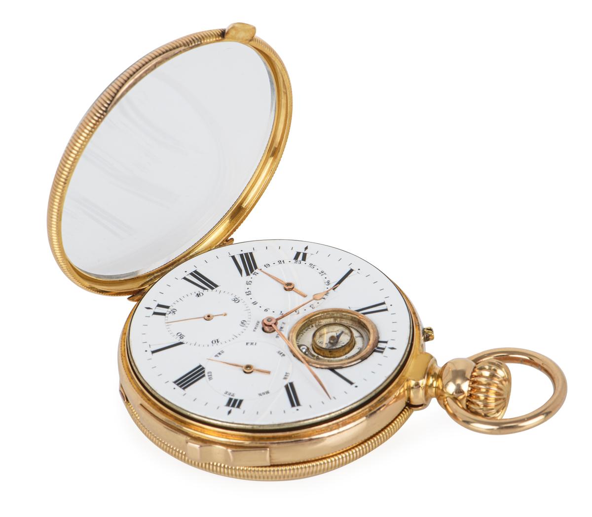 F.Rotig Havre 18Kt Rose Gold and Enamel Keyless Quarter Repeating Calendar Open face  50mm Pocket watch with Compass and Thermometer C1880.

Dial: A beautiful white enamel dial Roman numerals outer minute ring with three subsidiary dials for date,
