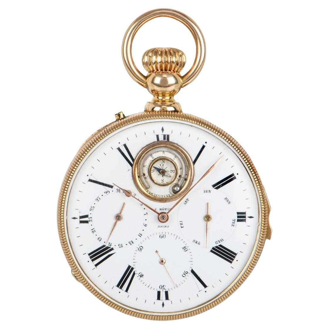 F. Rotig Havre, a Rare Gold Open Face Keyless Quarter Repeating Calendar with Co For Sale