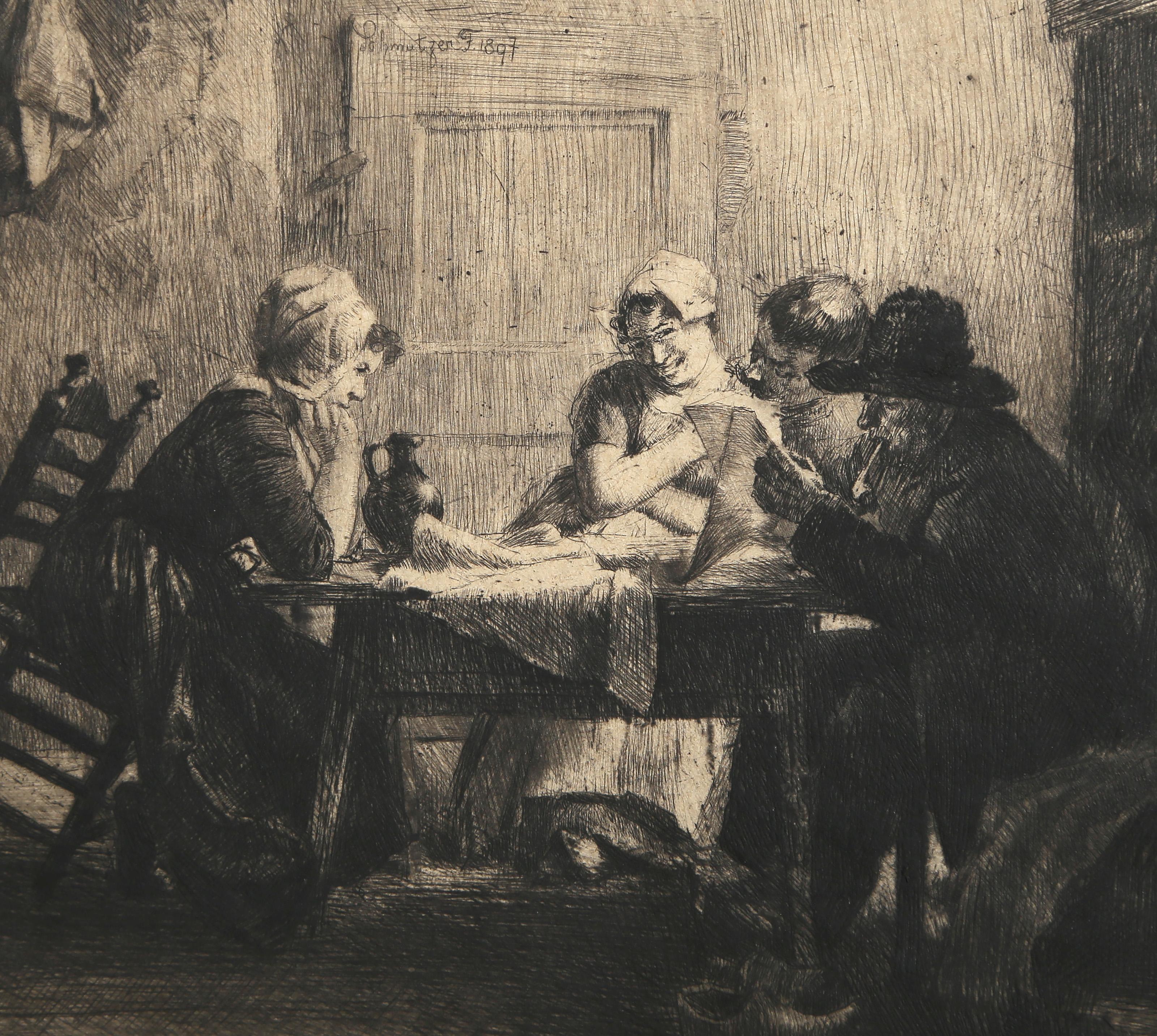 After Dinner Scene, Flemish Etching by F Schweitzer For Sale 1