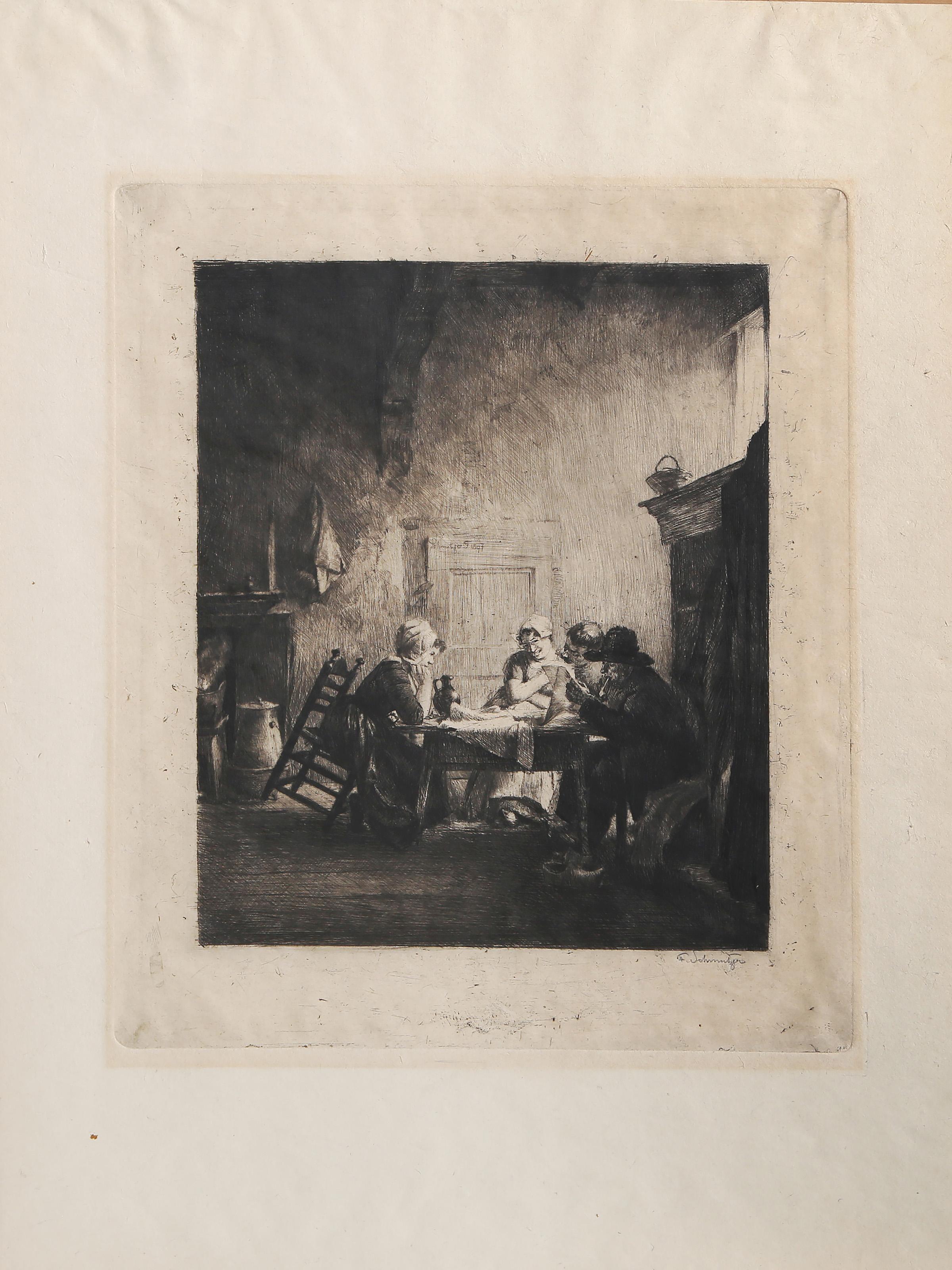 After Dinner Scene, Flemish Etching by F Schweitzer For Sale 2