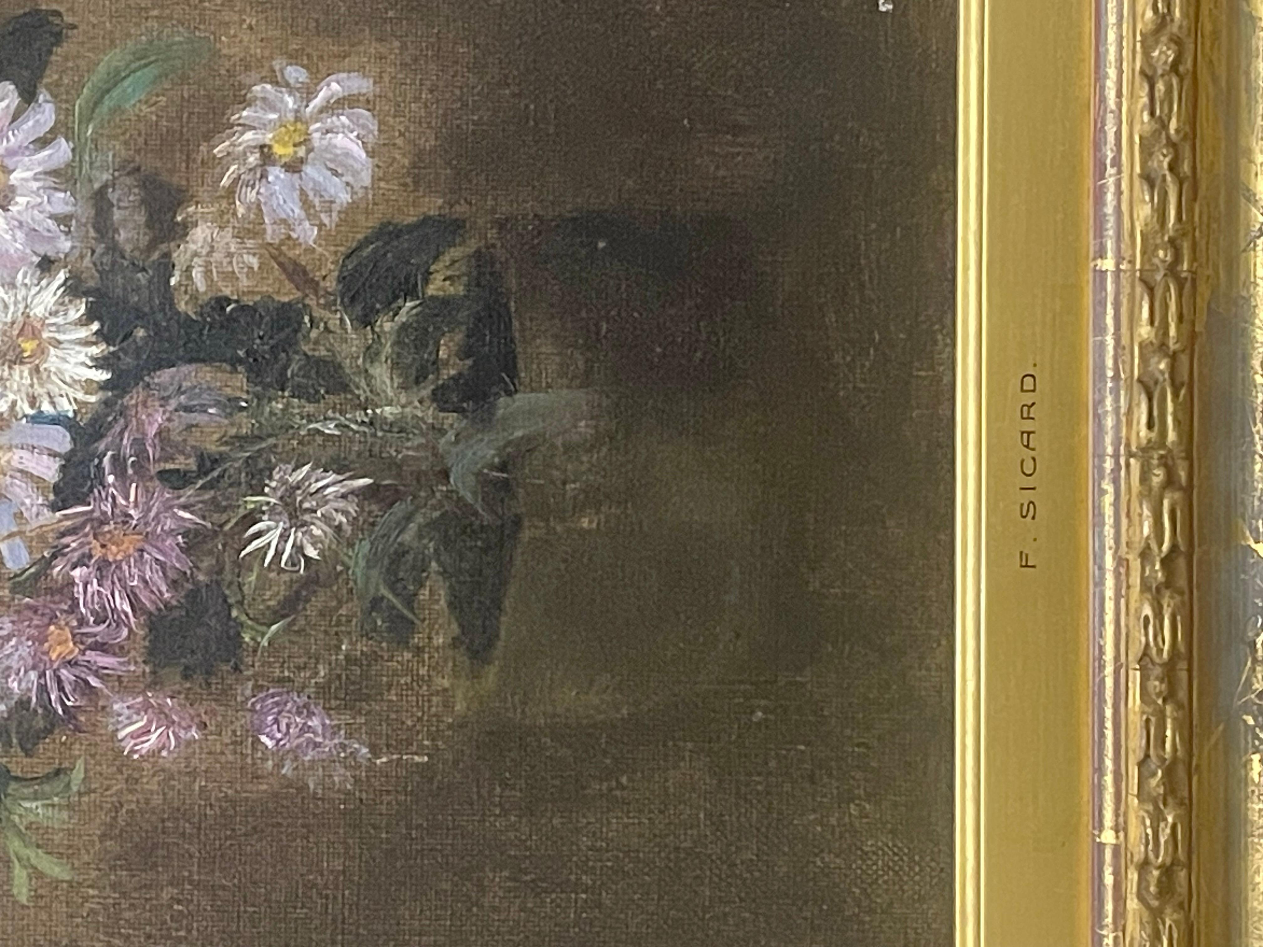 F. Sicard , still life on canvas, signed upper right, verso of canvas is marked Reeves & Sons Limited , overall good condition, sight: 13 1/2 by 8 1/2 inches, overall: 22 by 17 1/4 inches. Some minor frame damage