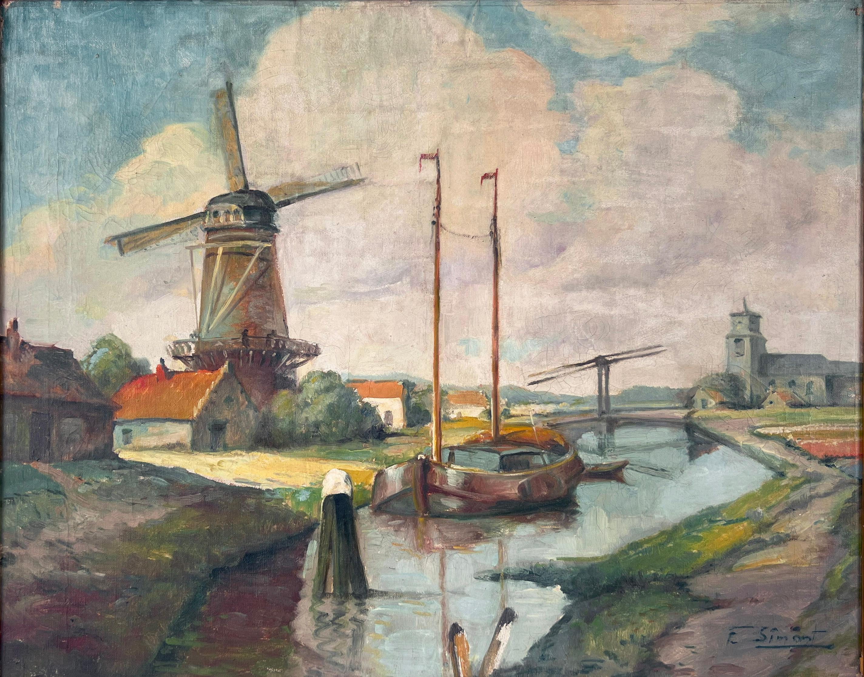 Moulin à vent hollandais du milieu du siècle Huile originale de style impressionniste hollandais - Painting de F Simont