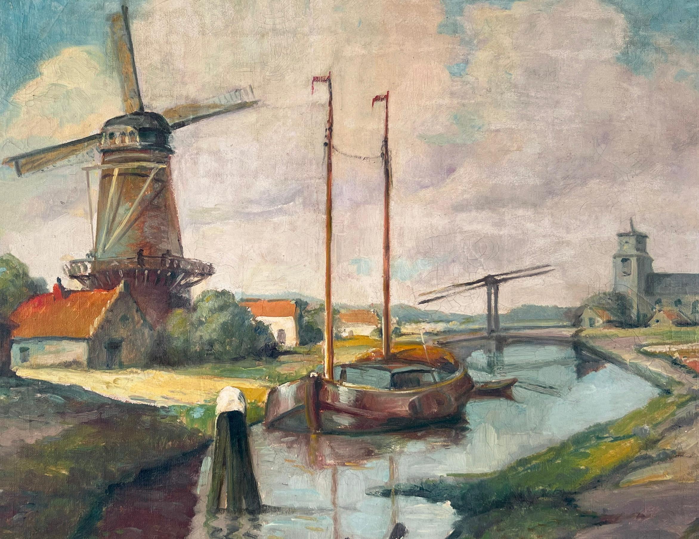 Moulin à vent hollandais du milieu du siècle Huile originale de style impressionniste hollandais - Maîtres anciens Painting par F Simont