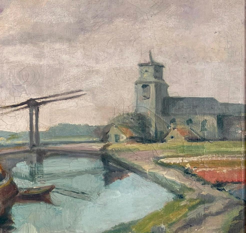 Moulin à vent hollandais du milieu du siècle Huile originale de style impressionniste hollandais - Marron Landscape Painting par F Simont