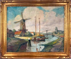Mid Century Dutch Windmill Original Oil in Dutch Impressionist Style
