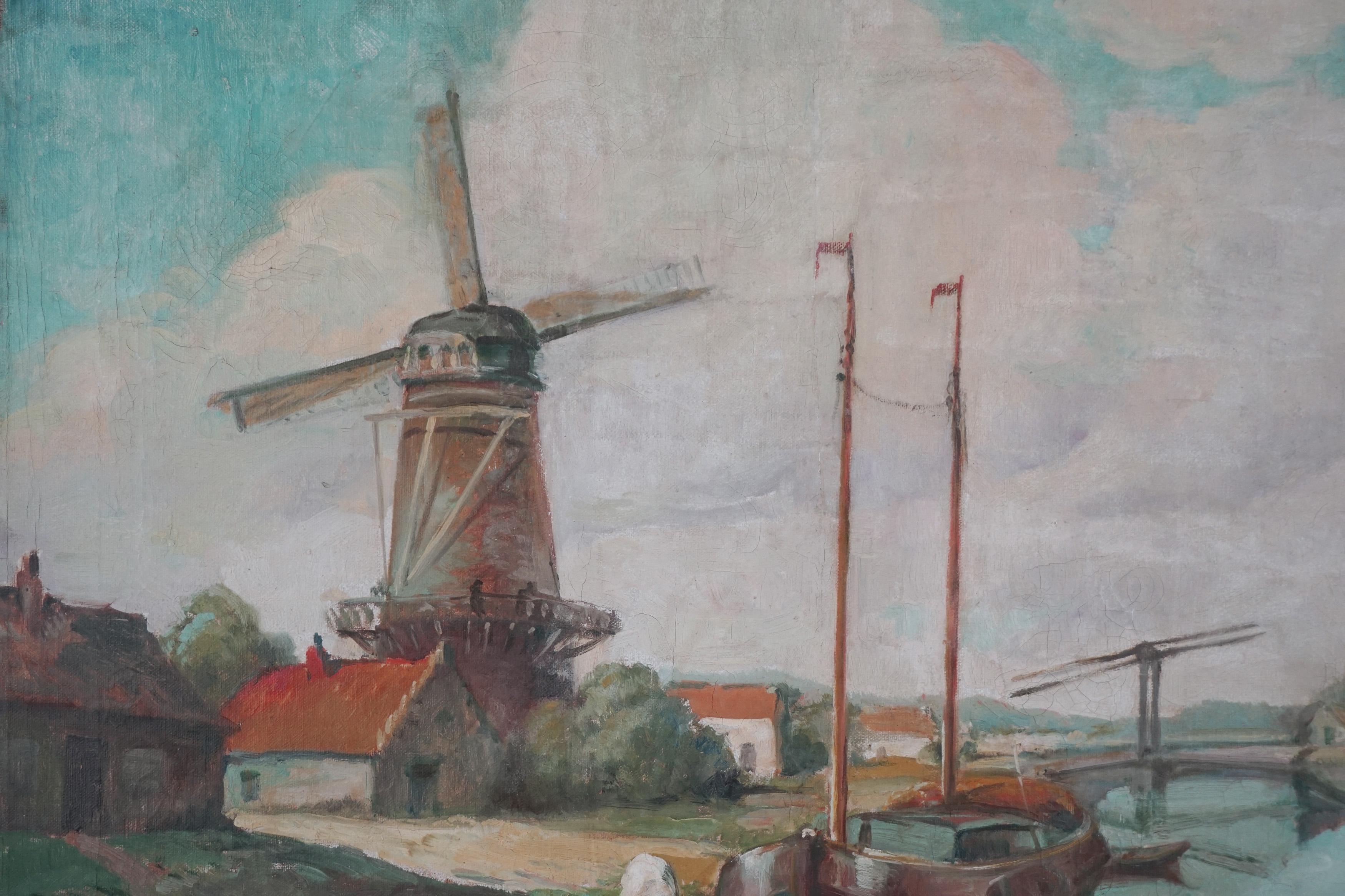 Moulin à vent hollandais du milieu du siècle Huile originale de style impressionniste français - Painting de F Simont