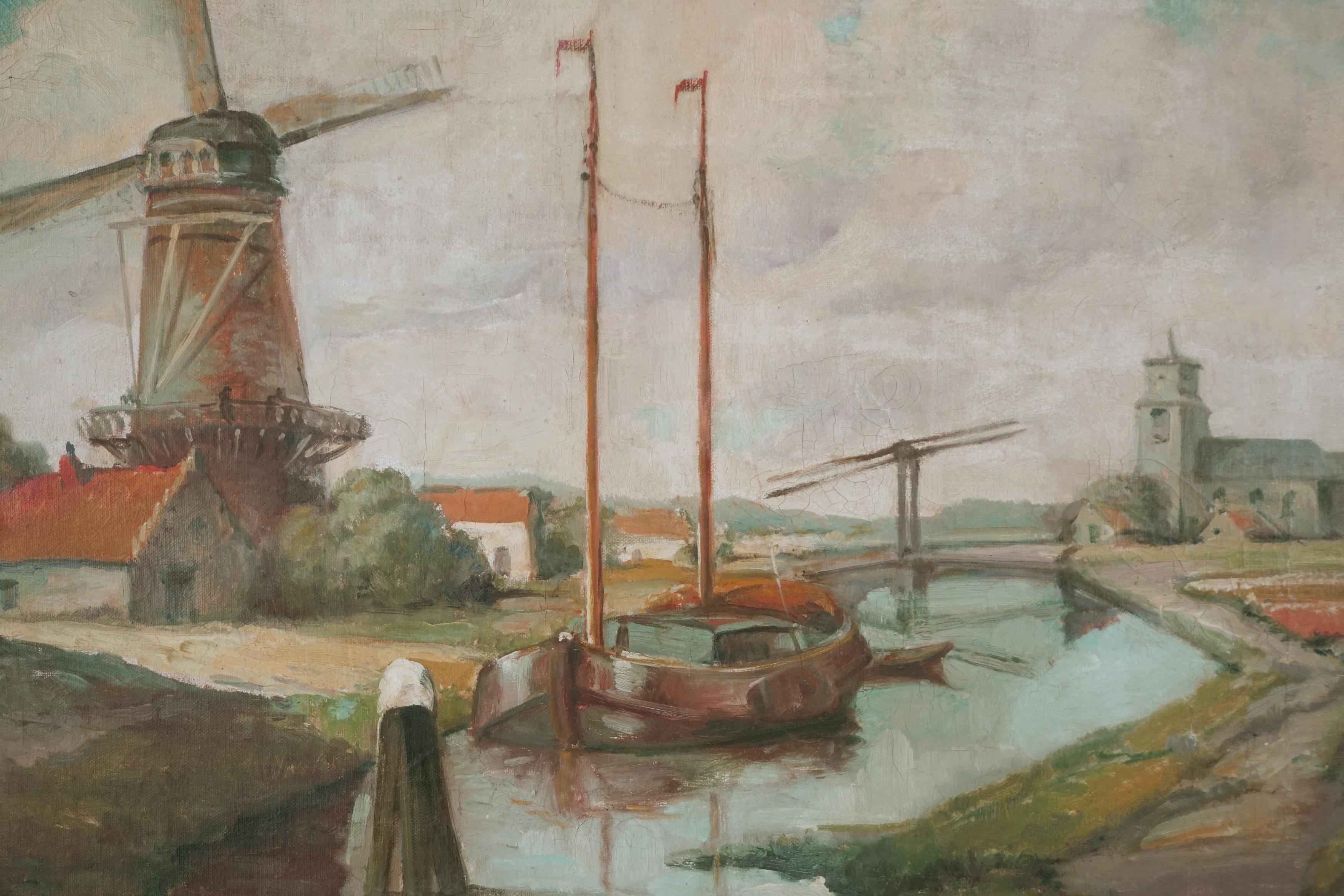 Mid Century Dutch Windmill Original in French Impressionist Style

Colorful French impressionist style oil painting by F. Simont (Dutch 19th/20th Century), circa 1950. Boat anchored near river's edge with windmill and church in background. Billowy