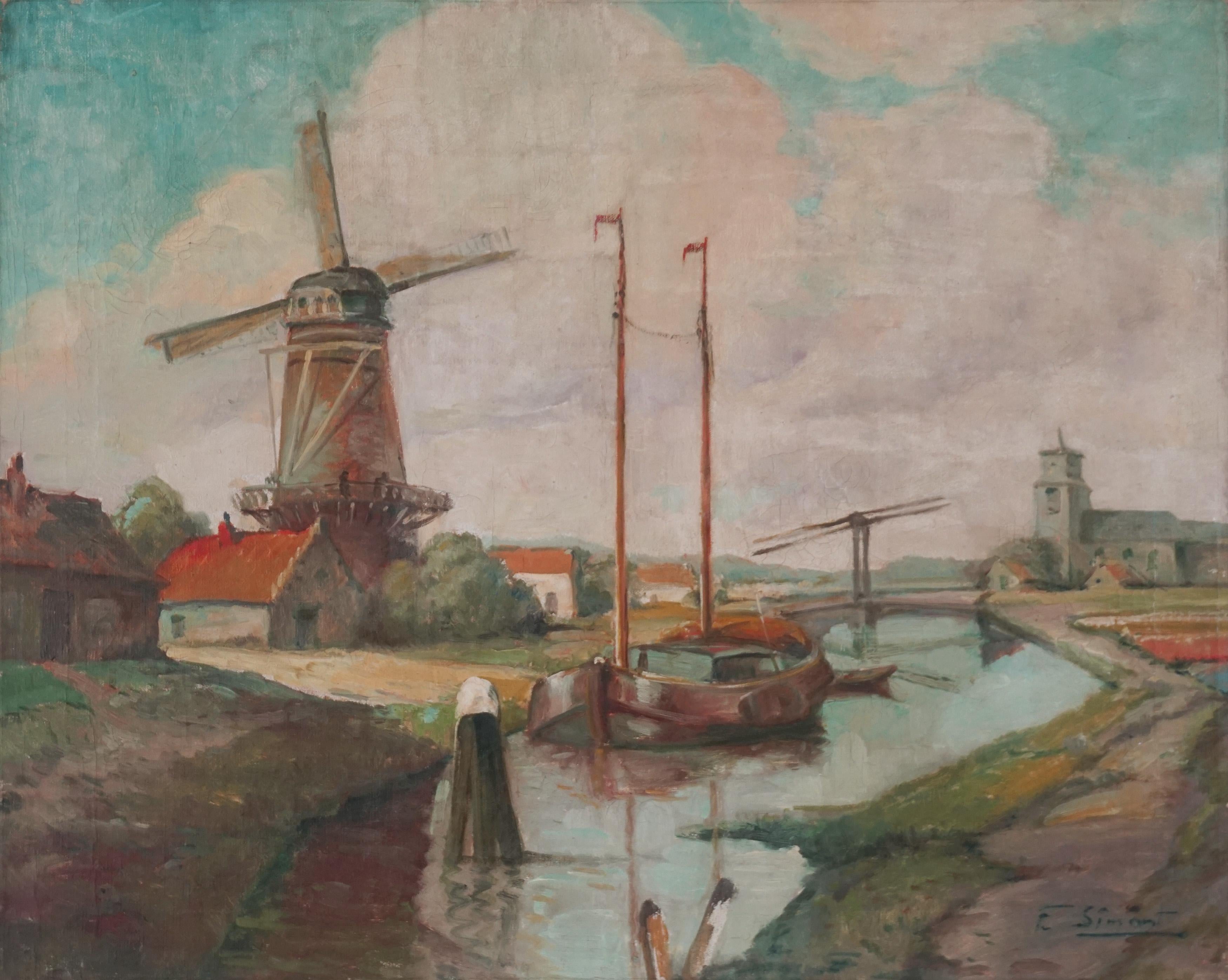 Landscape Painting F Simont - Moulin à vent hollandais du milieu du siècle Huile originale de style impressionniste français