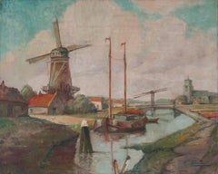 Vintage Mid Century Dutch Windmill Original Oil in French Impressionist Style