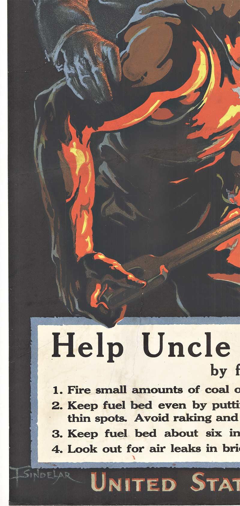 Originalplakat aus dem 1. Weltkrieg: Uncle Sam Needs That Extra Shovelful (of Coal.)  Wenn Sie das Bild von Uncle Sam mögen, ist dies eine gute Wahl.  Hilf Onkel Sam, den Krieg zu gewinnen   Seltenes Originalplakat mit Leinenrücken.   Bedingung B. 